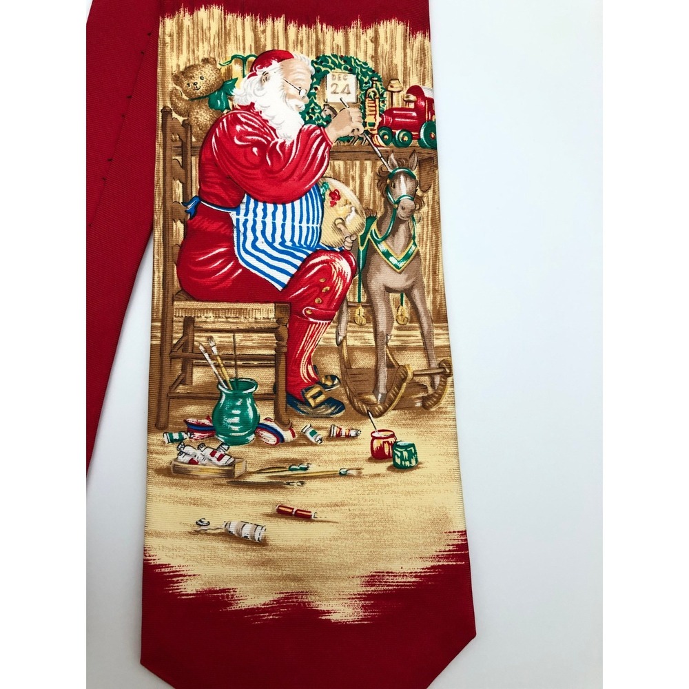 Vintage Holidays JCPenney MMG Silk Tie Mens Red Santa Workshop Christmas Novelty